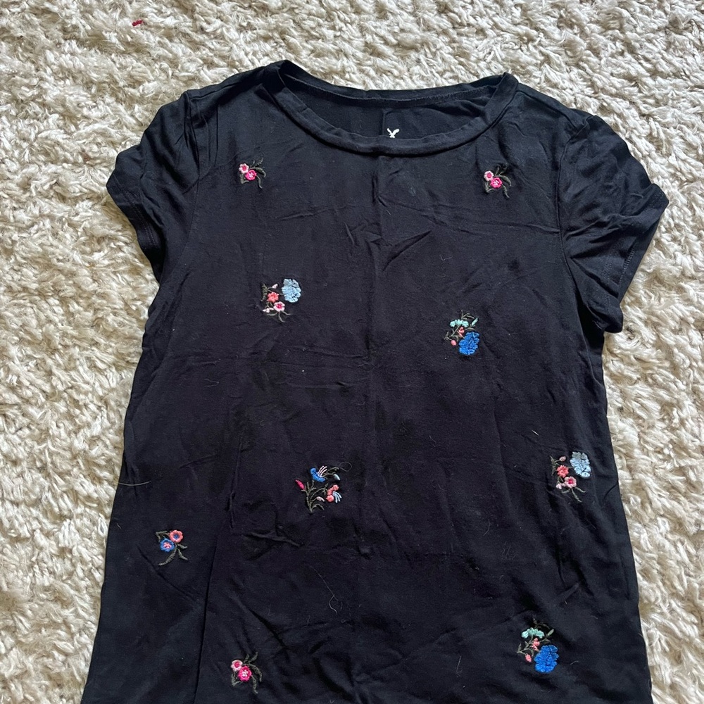 American Eagle Outfitters Black Tee with Embroidered Accents
